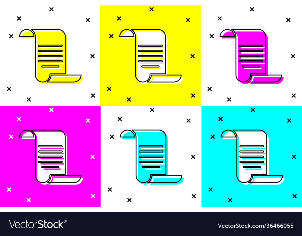Set document with shield icon isolated on color