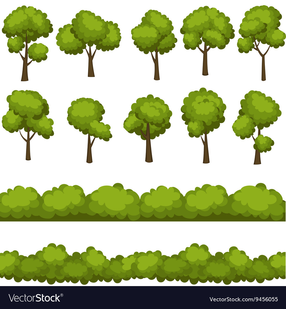 Set of funny cartoon trees and green bushes Vector Image