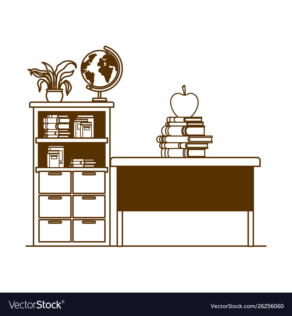 Silhouette Bücherregal und Schreibtischlehrer vector image Silhouette Bücherregal und Schreibtischlehrer