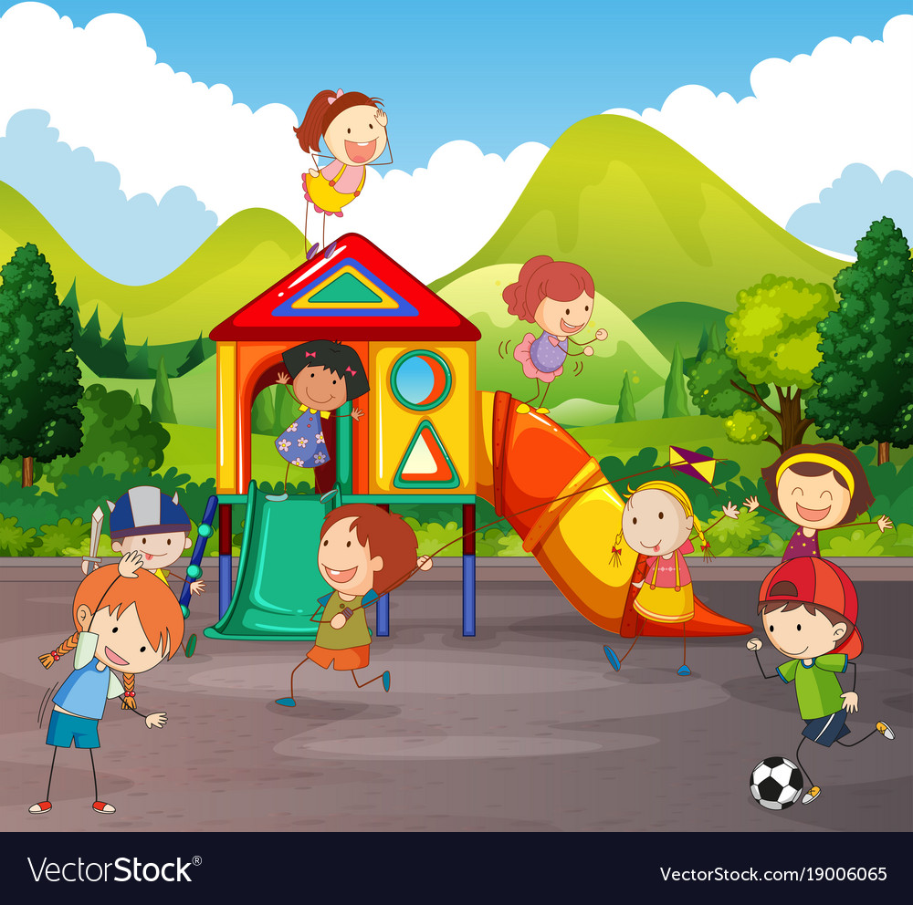 Many children playing in playground Royalty Free Vector