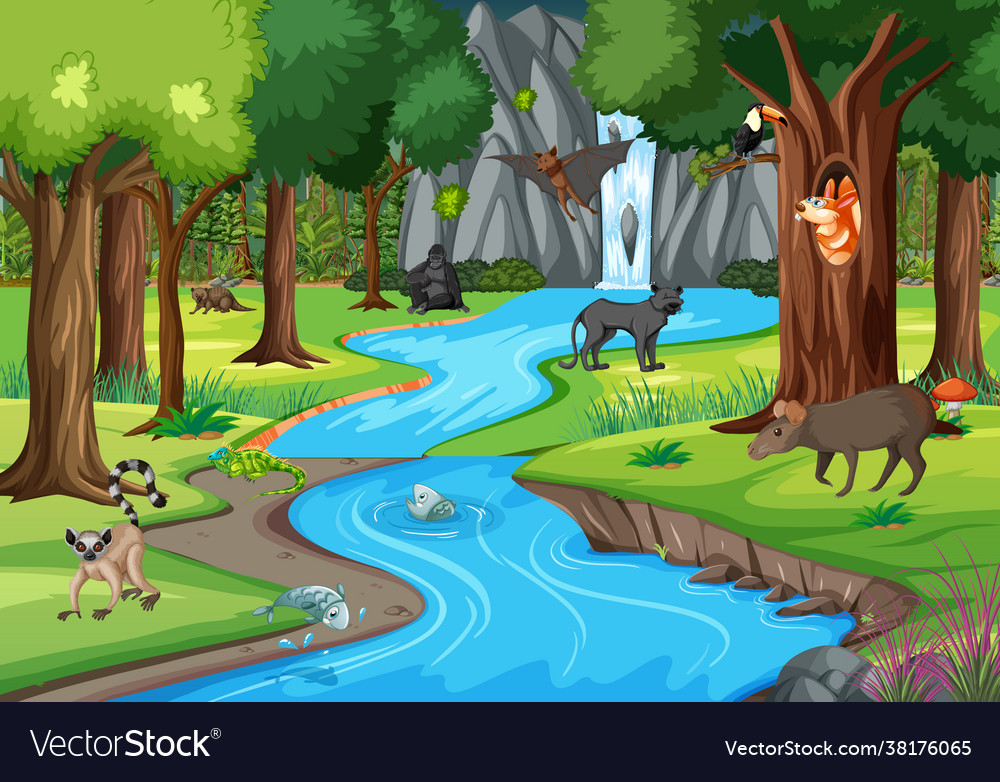 Nature scene with stream flowing through vector image Nature scene with stream flowing through