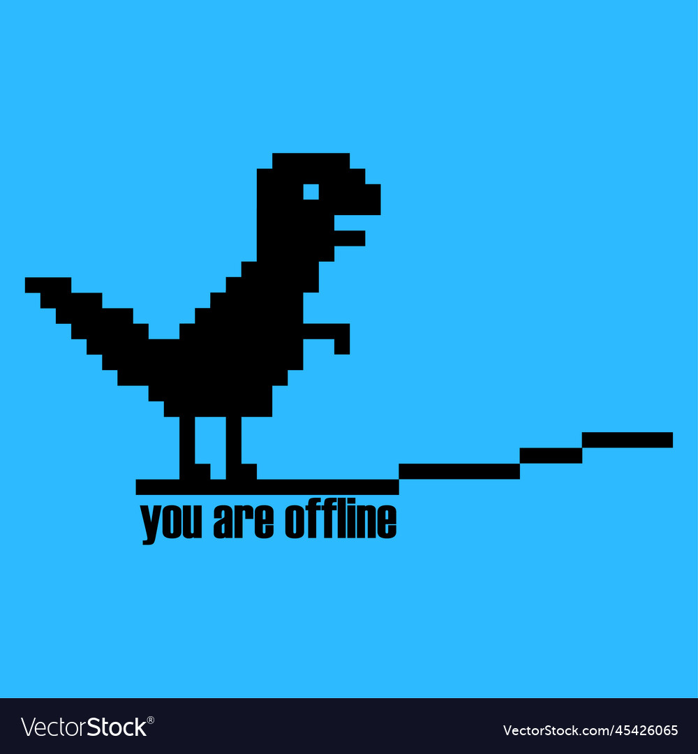 Pixel art de dinossauro descrevendo erro offline para internet