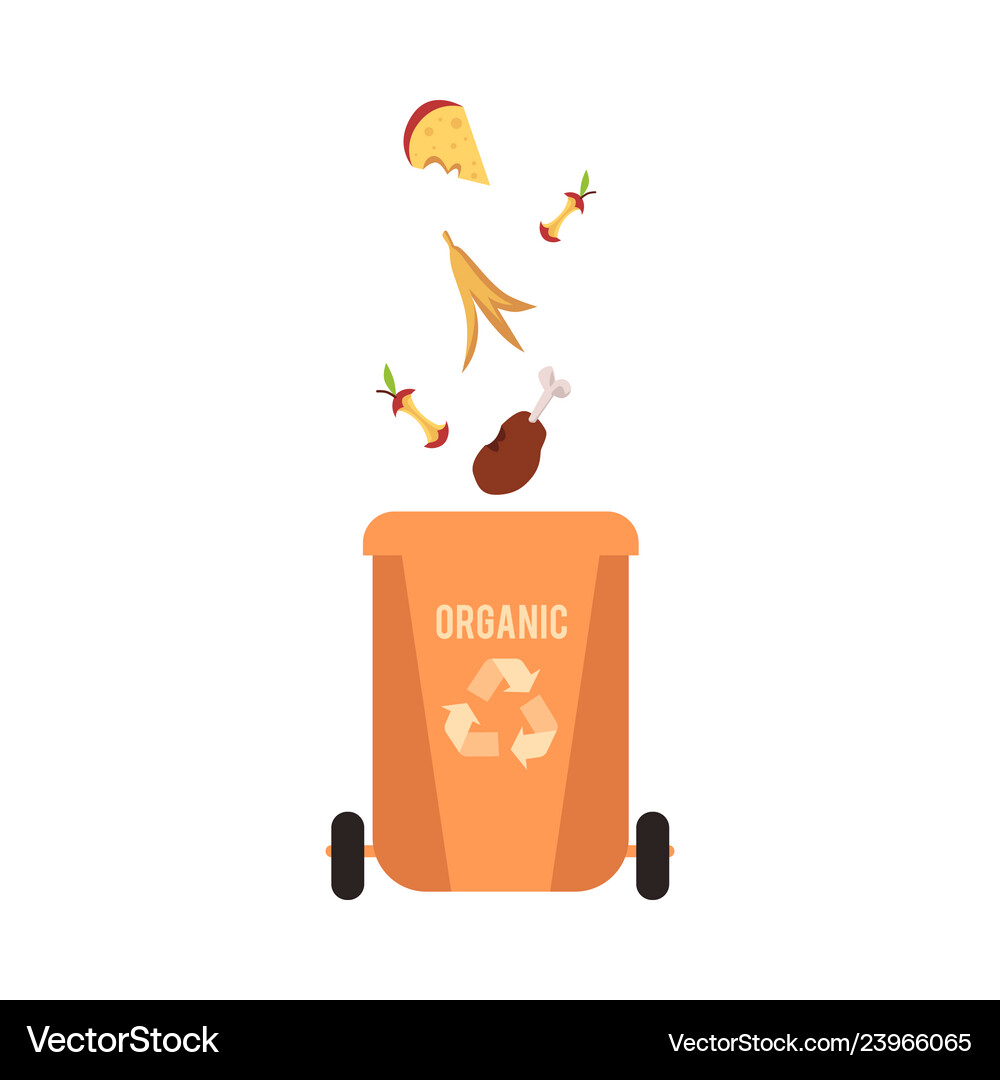 Rubbish orange bin with organic falling waste and Vector Image
