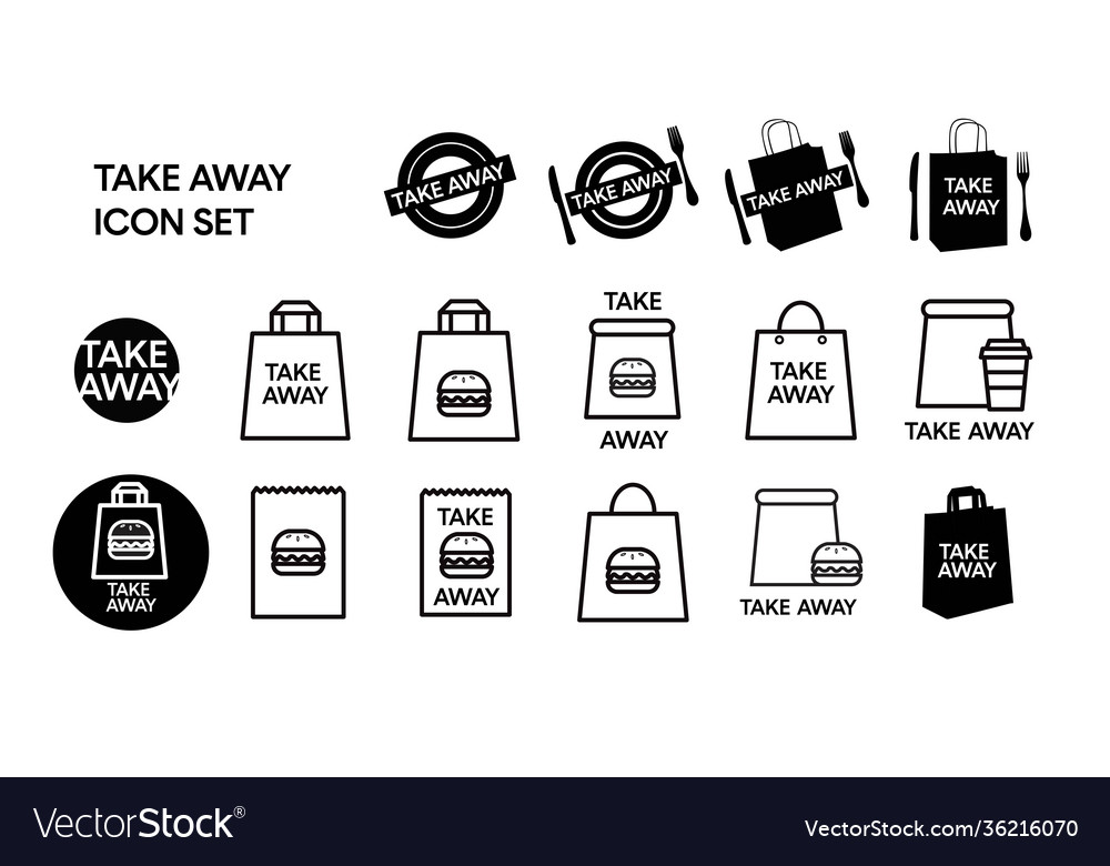 Black and white take away food icon set