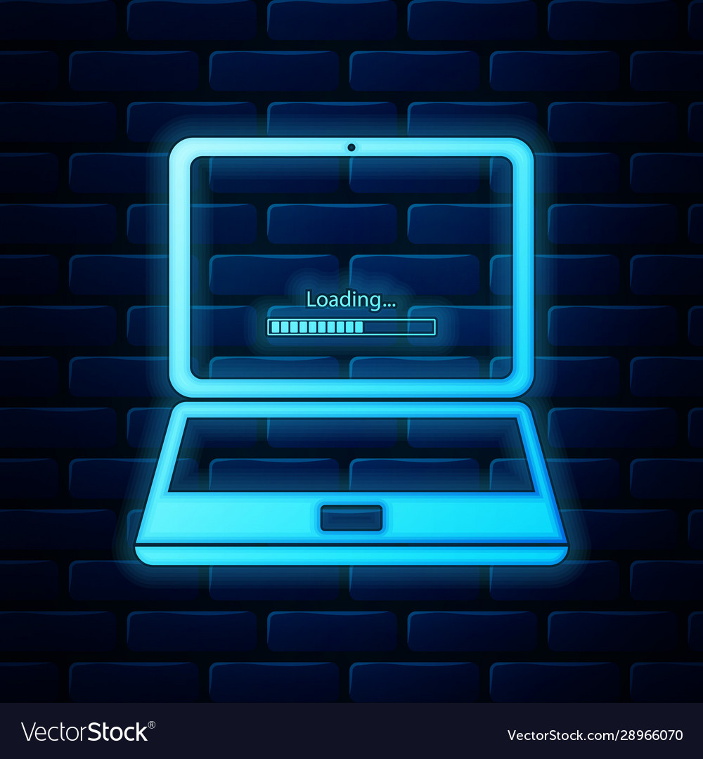 Glowing neon laptop update process with loading