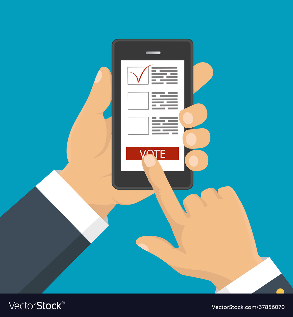 Hand holding smartphone with voting app