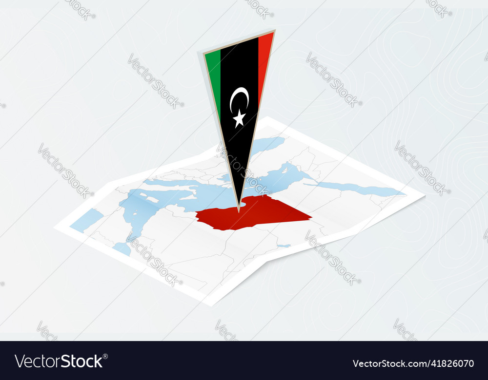 Isometric paper map of libya with triangular flag