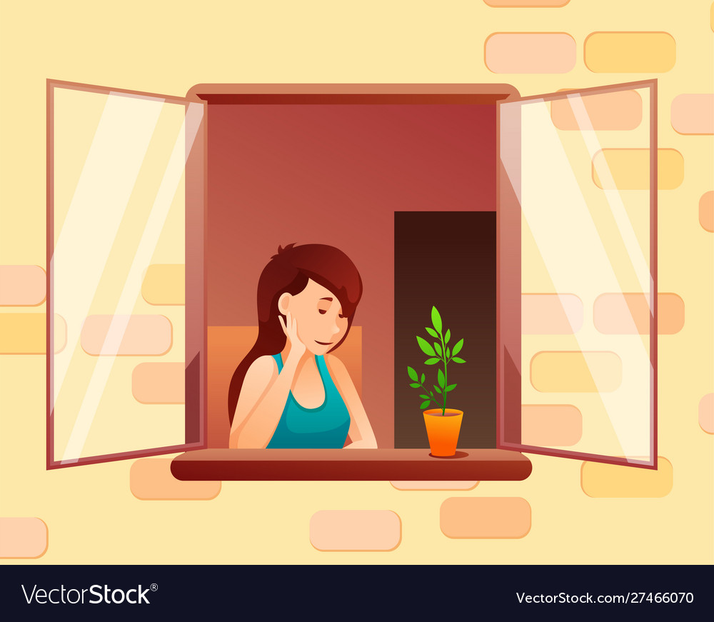 Neighbor girl dreaming in window Royalty Free Vector Image