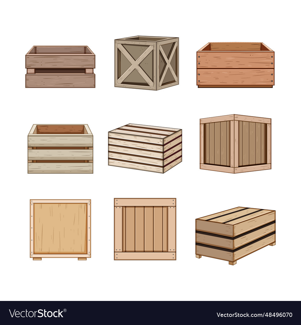 Wooden crate set cartoon Royalty Free Vector Image