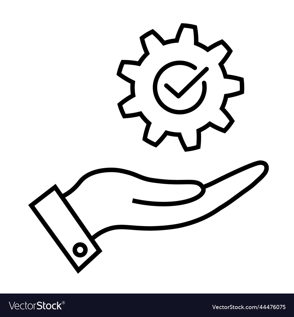 Cog with check mark on hand line icon ok process