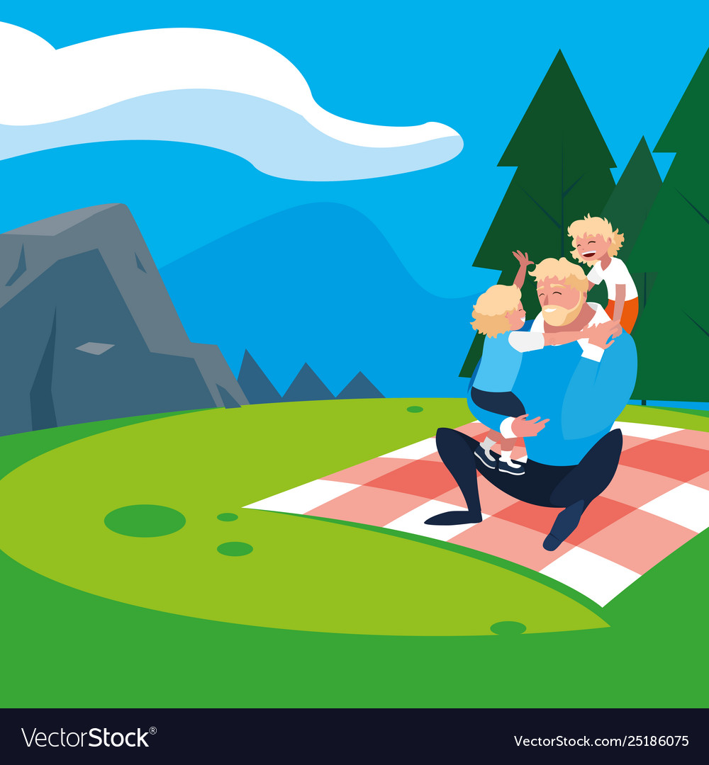 Father with sons characters in field picnic