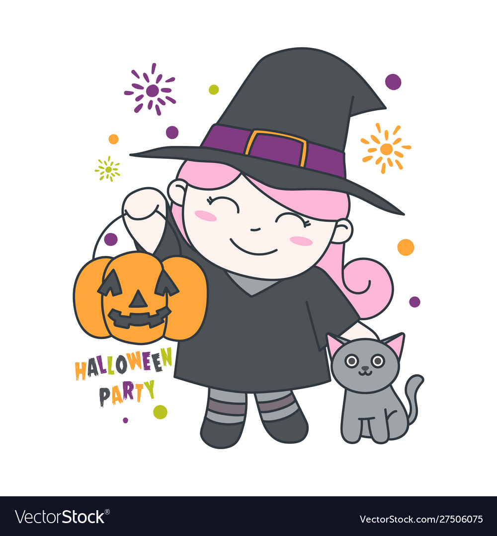 Witch bring pumpkin with cat cute Royalty Free Vector Image