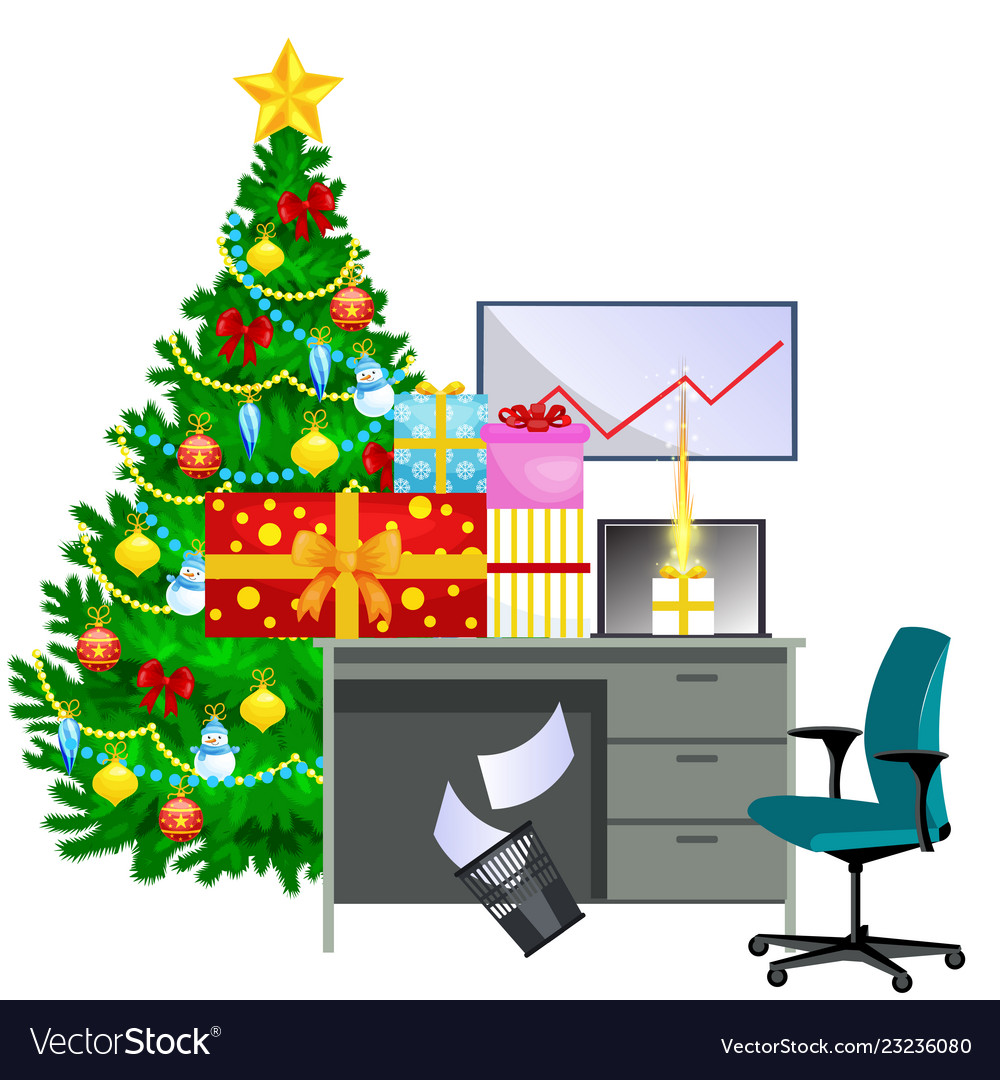Cartoon image office desk and christmas tree Vector Image