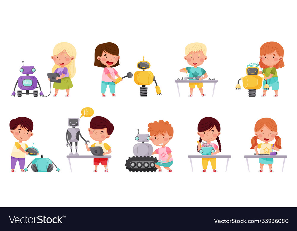 Little children engineering and creating robots vector image Little children engineering and creating robots
