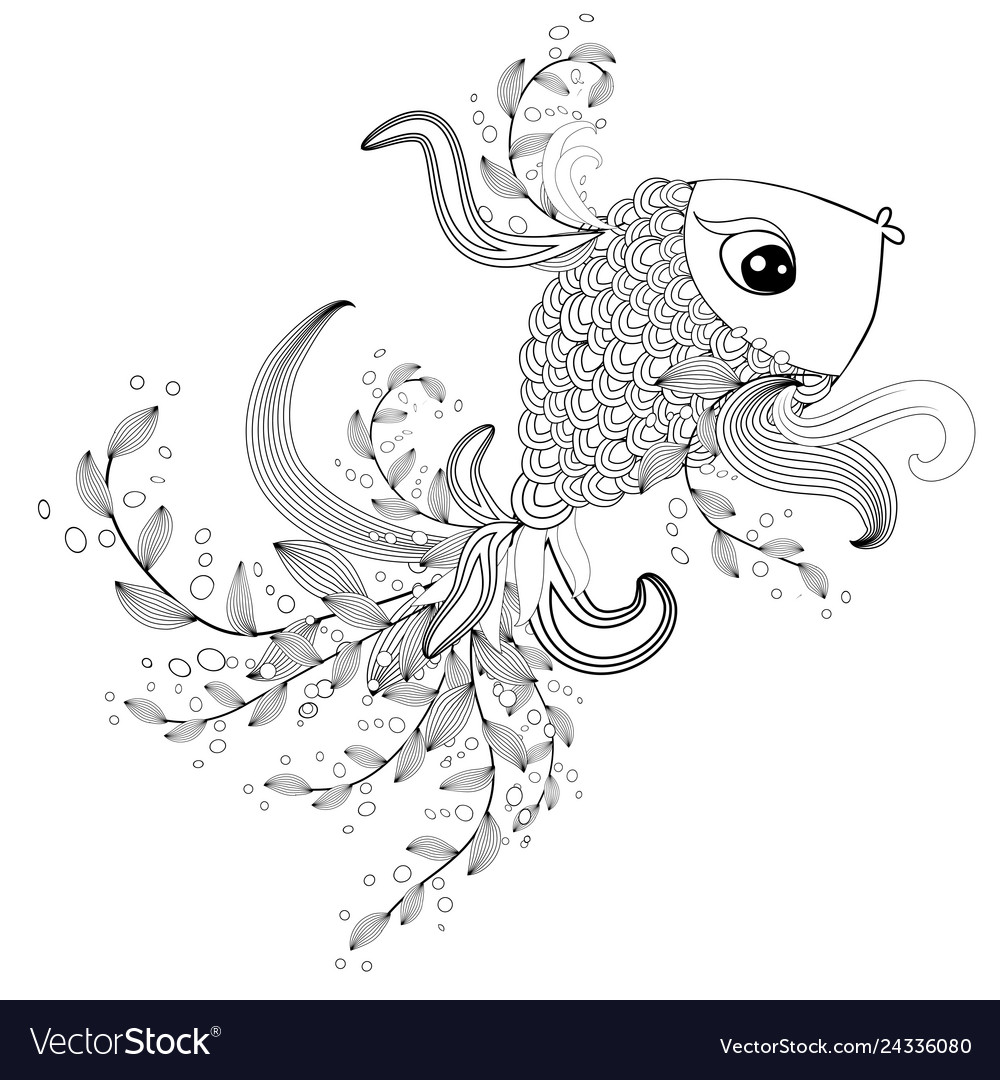 Ornamental graphic fish floral line pattern