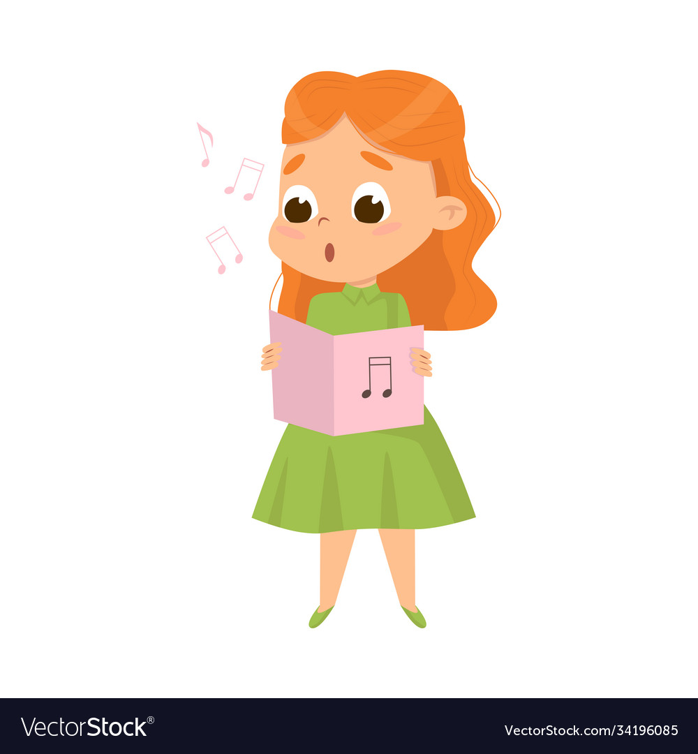 Cute girl singing with open music book Royalty Free Vector