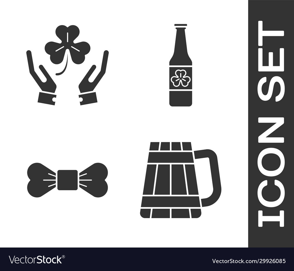 Set wooden beer mug human hands holding four leaf