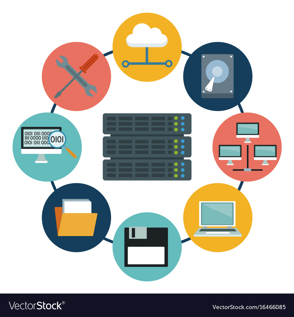 White background with rack server and icons