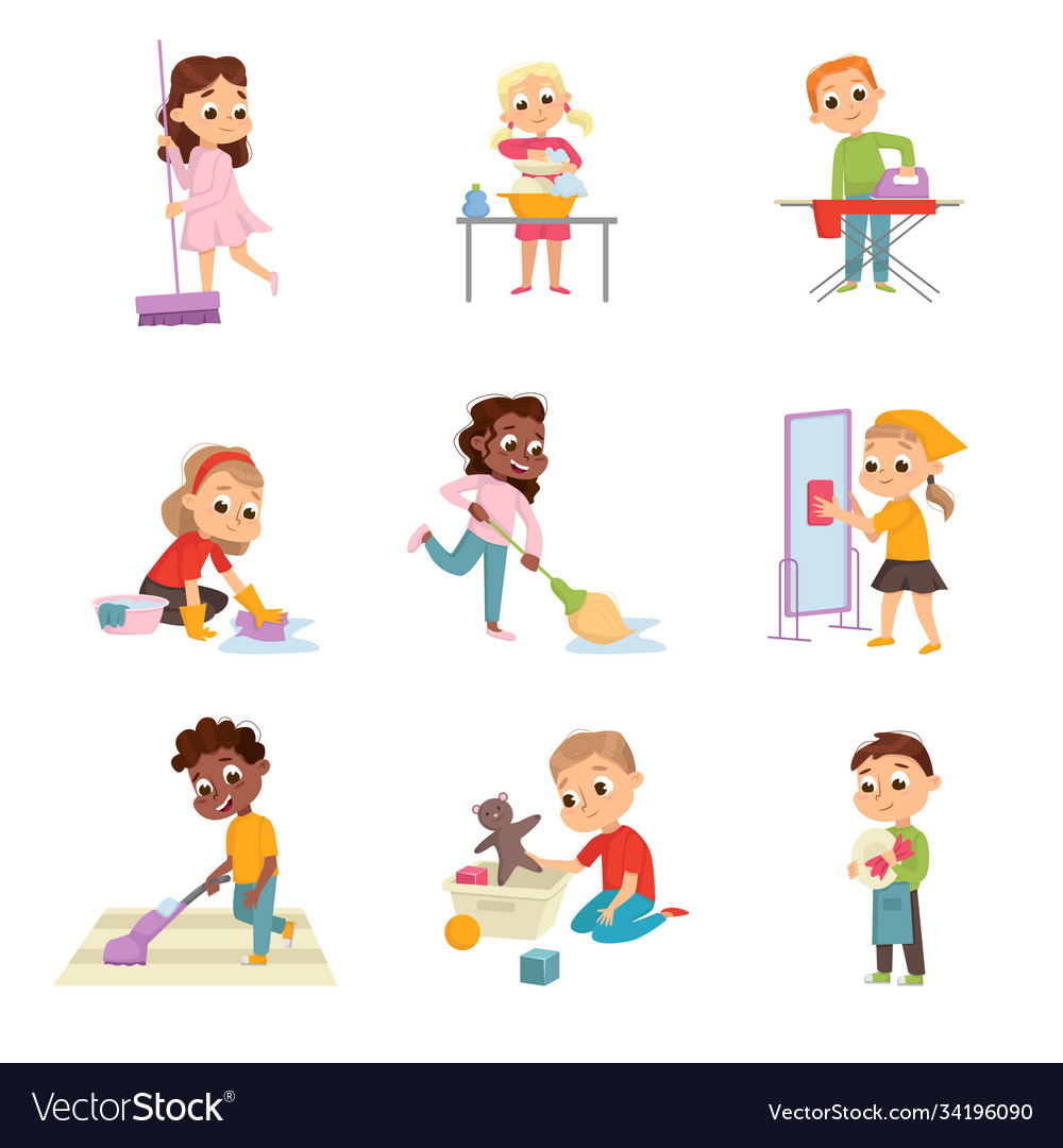 Funny children doing housecleaning mopping Vector Image