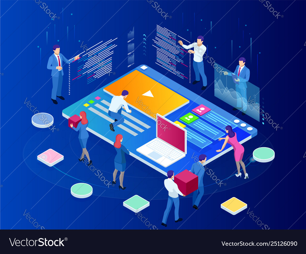 Isometric seo analytics team concept contents Vector Image