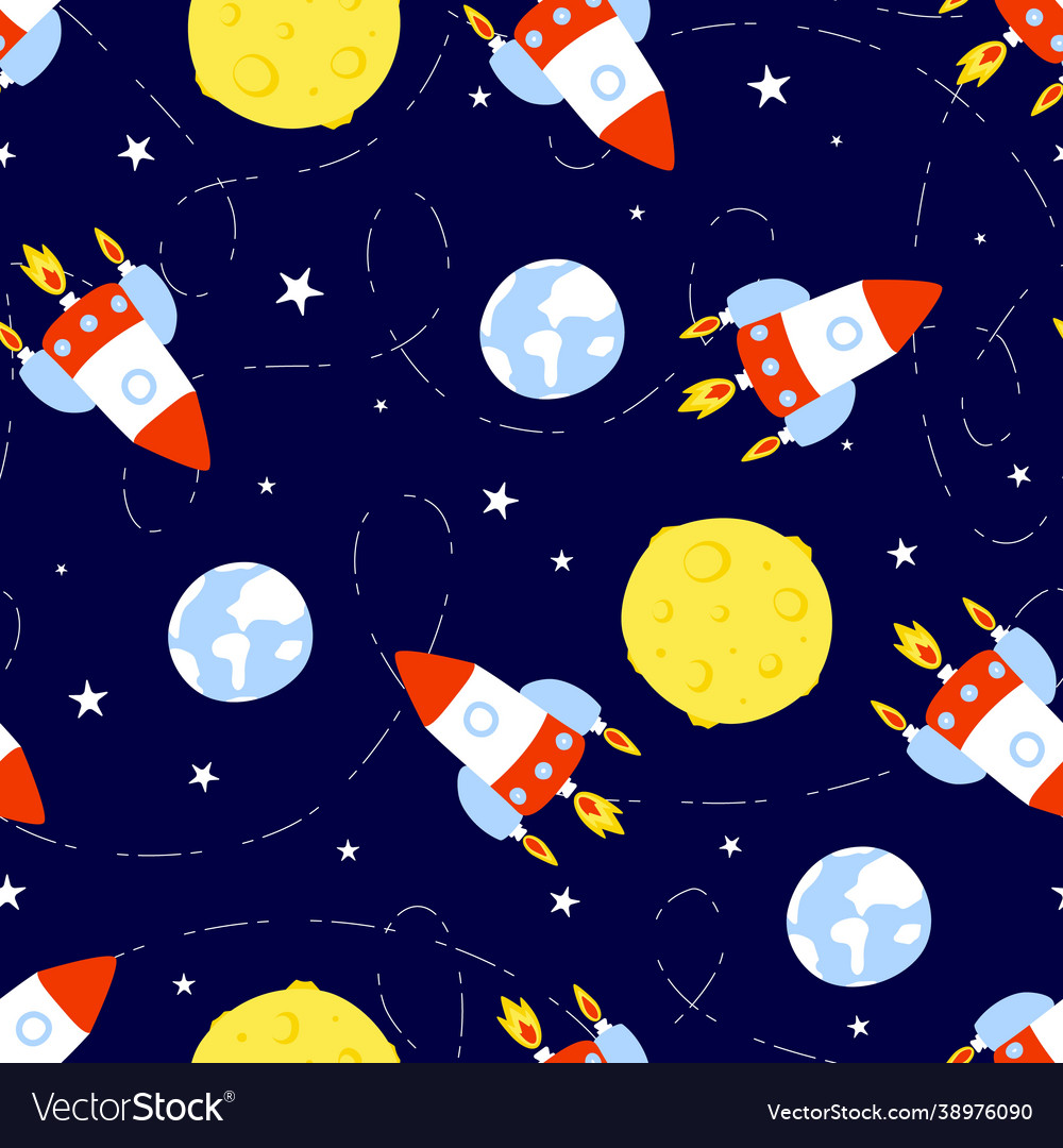 Seamless rocket pattern with ship moon earth