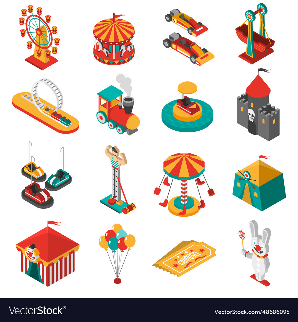 Amusement park isometric icons collection Vector Image