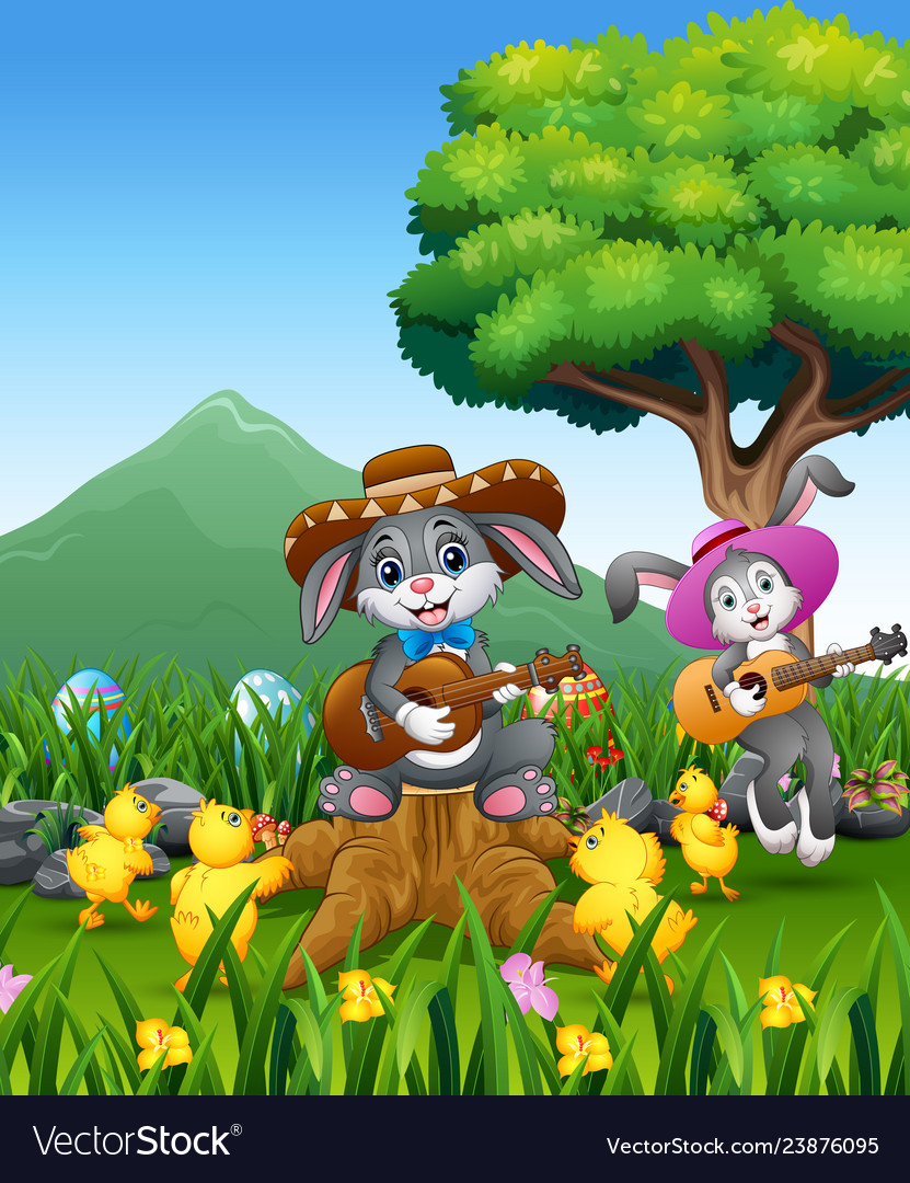 Cute bunnies relax playing guitar with a nature ba