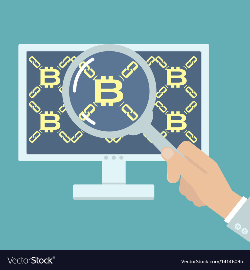 Hand with magnifier analyzing bitcoin