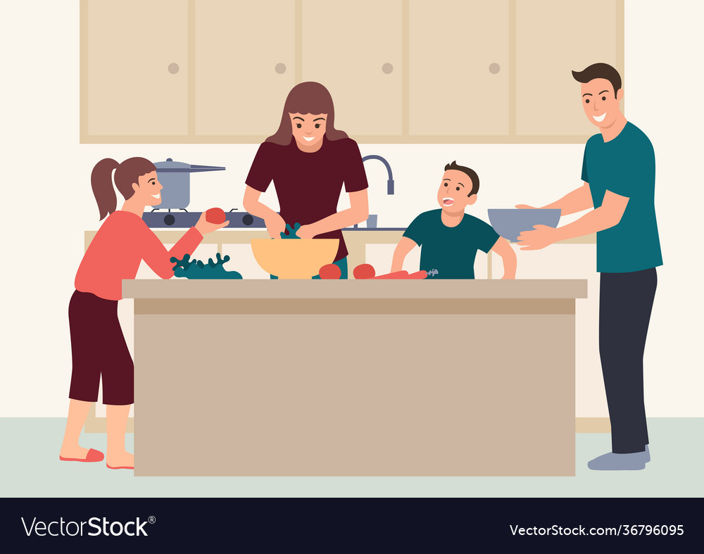 Happy family having fun cooking at home together Vector Image