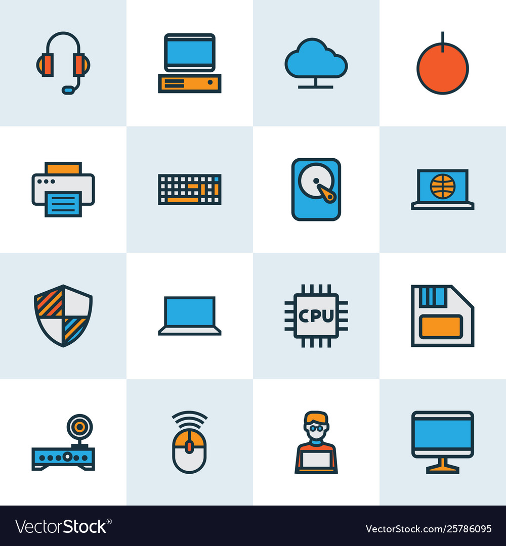 Hardware icons colored line set with computer vector image Hardware icons colored line set with computer