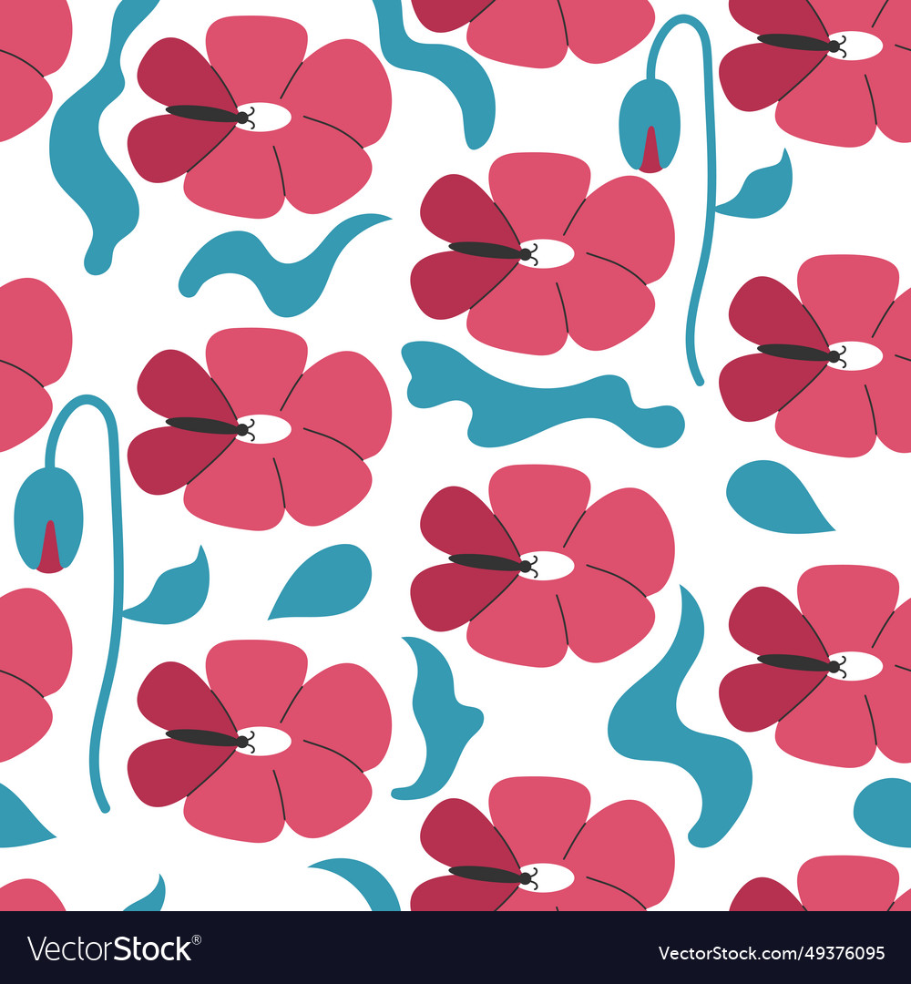 Poppy seamless pattern with butterflies red