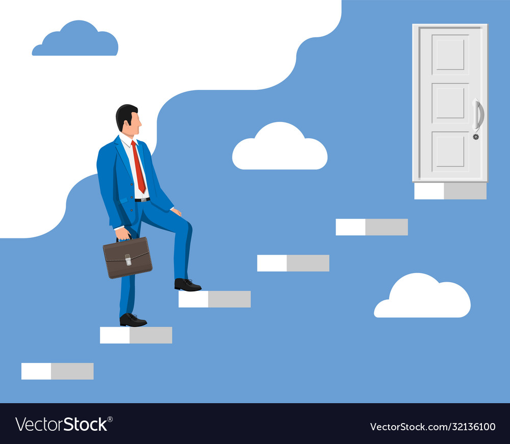 Businessmen walk up stairs to door