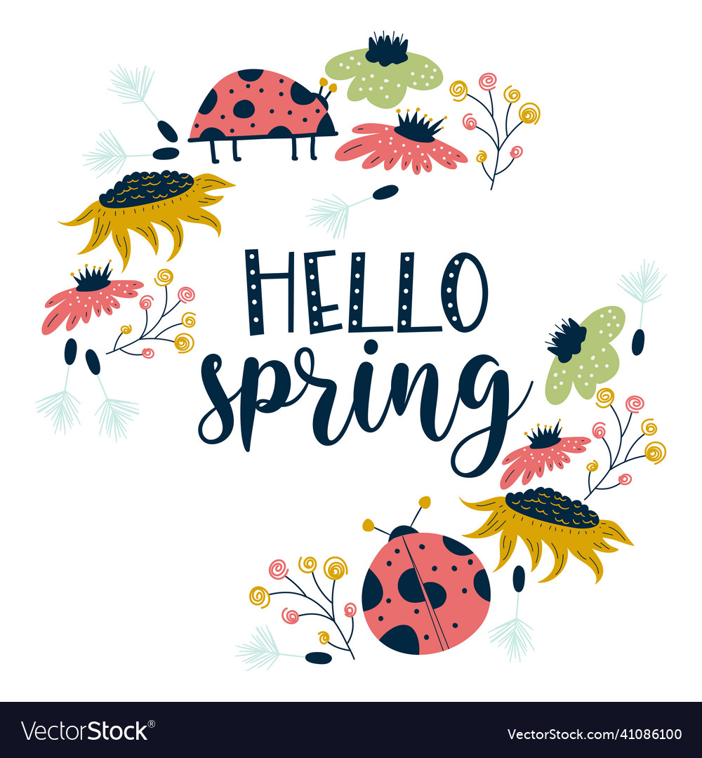 Frame hello spring with ladybug flowers isolated