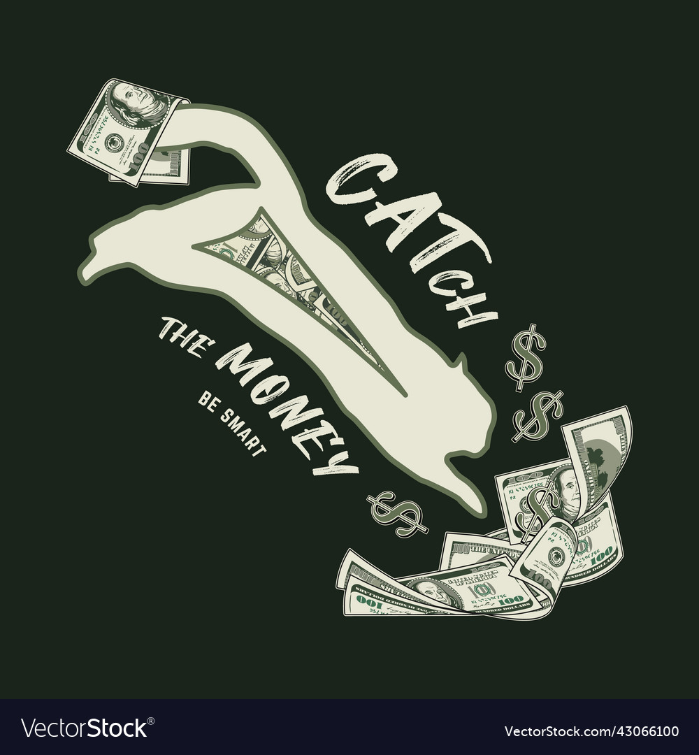 Label with cat jumping into heap of dollar bills