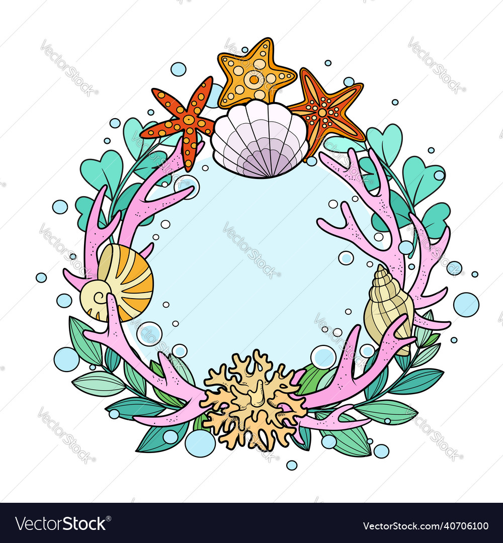 Round frame-wreath of sea objects starfishes