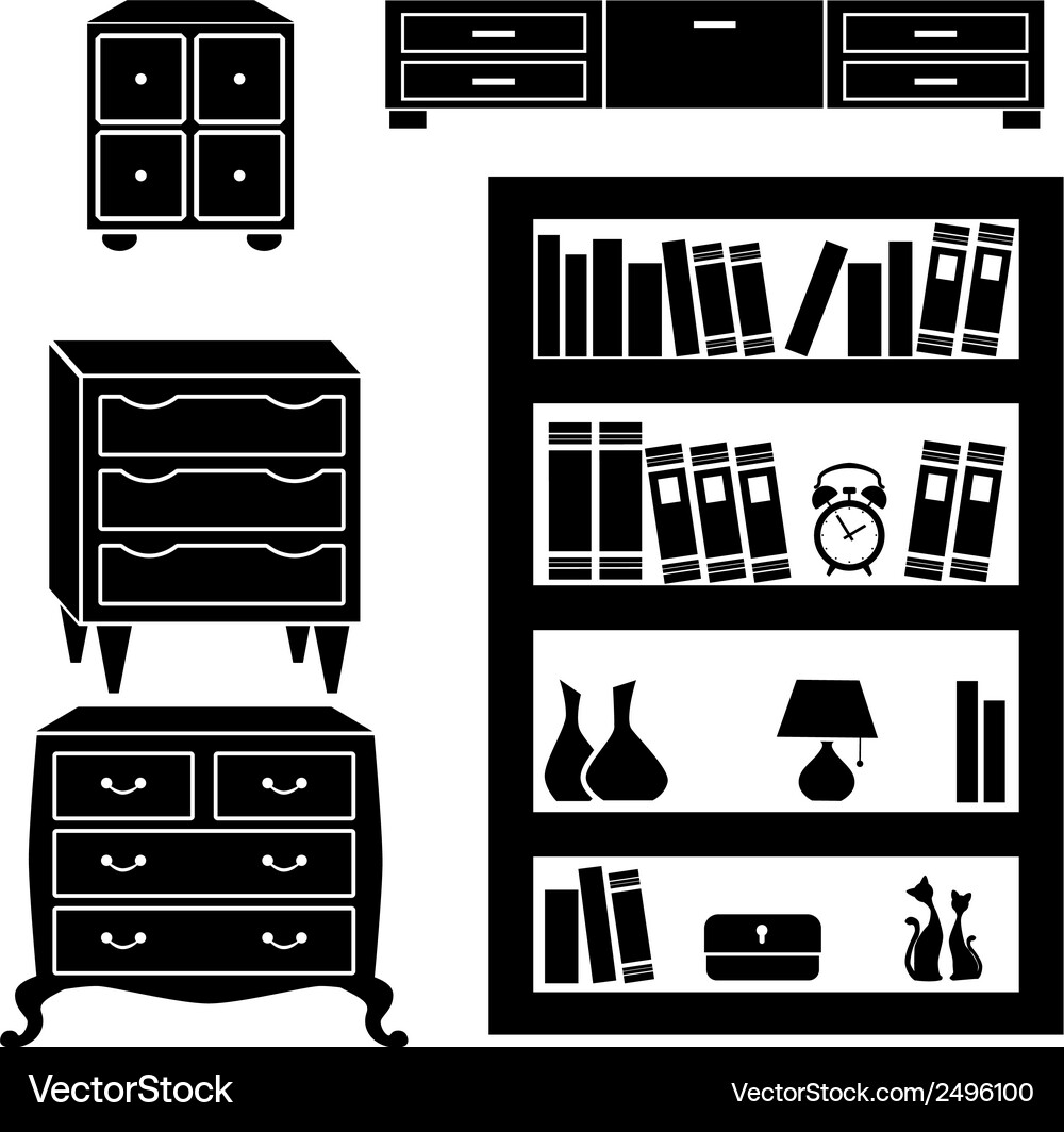 Set silhouettes cupboard chests and bookshelf Vector Image