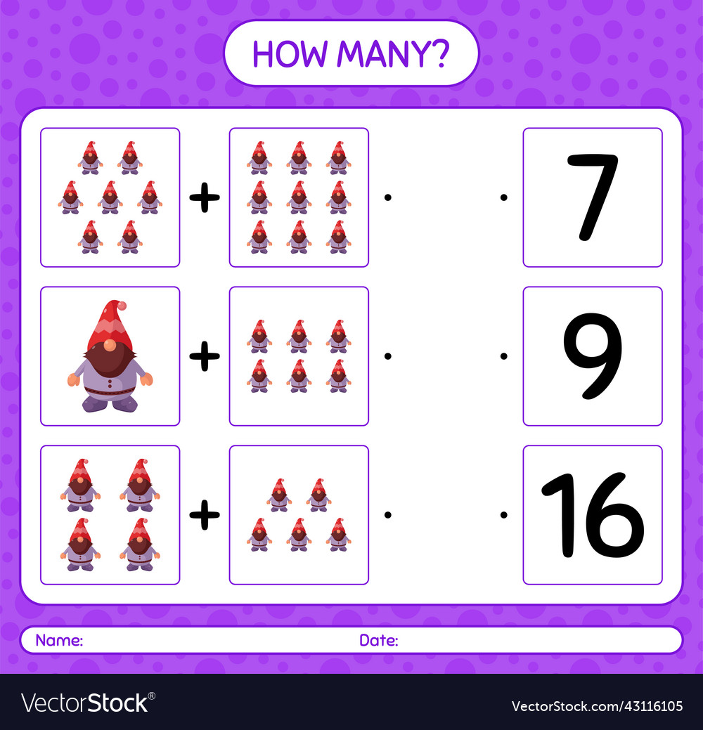 How many counting game with gnome worksheet Vector Image