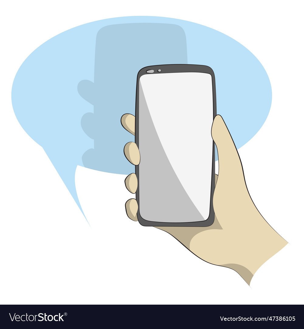 Line art closeup hand holding smartphone on blue