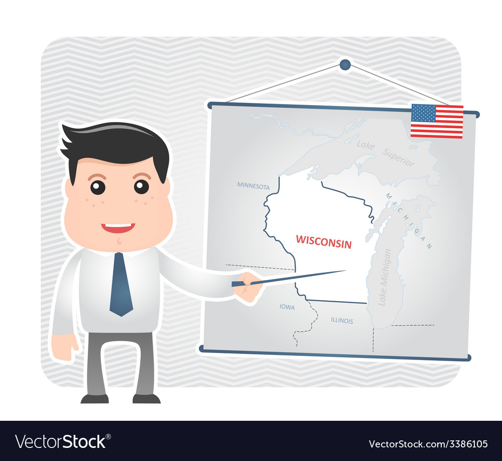 Man with a pointer points to map of wisconsin