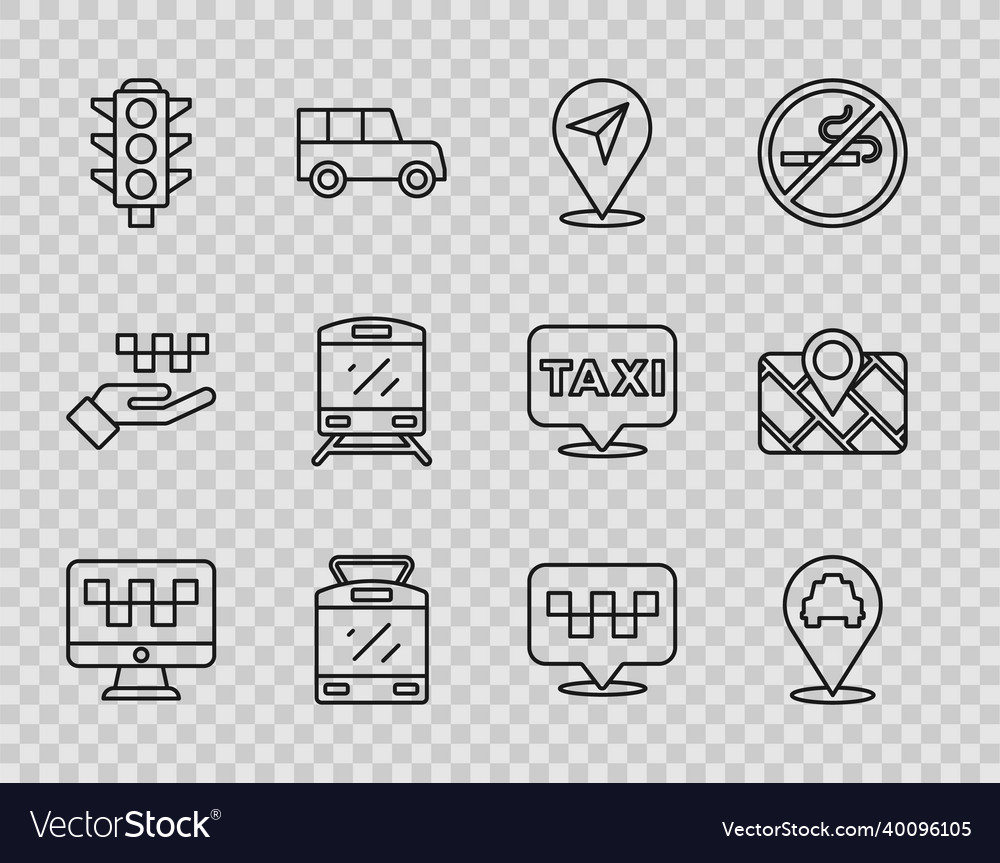 Set line computer call taxi service location vector image Set line computer call taxi service location