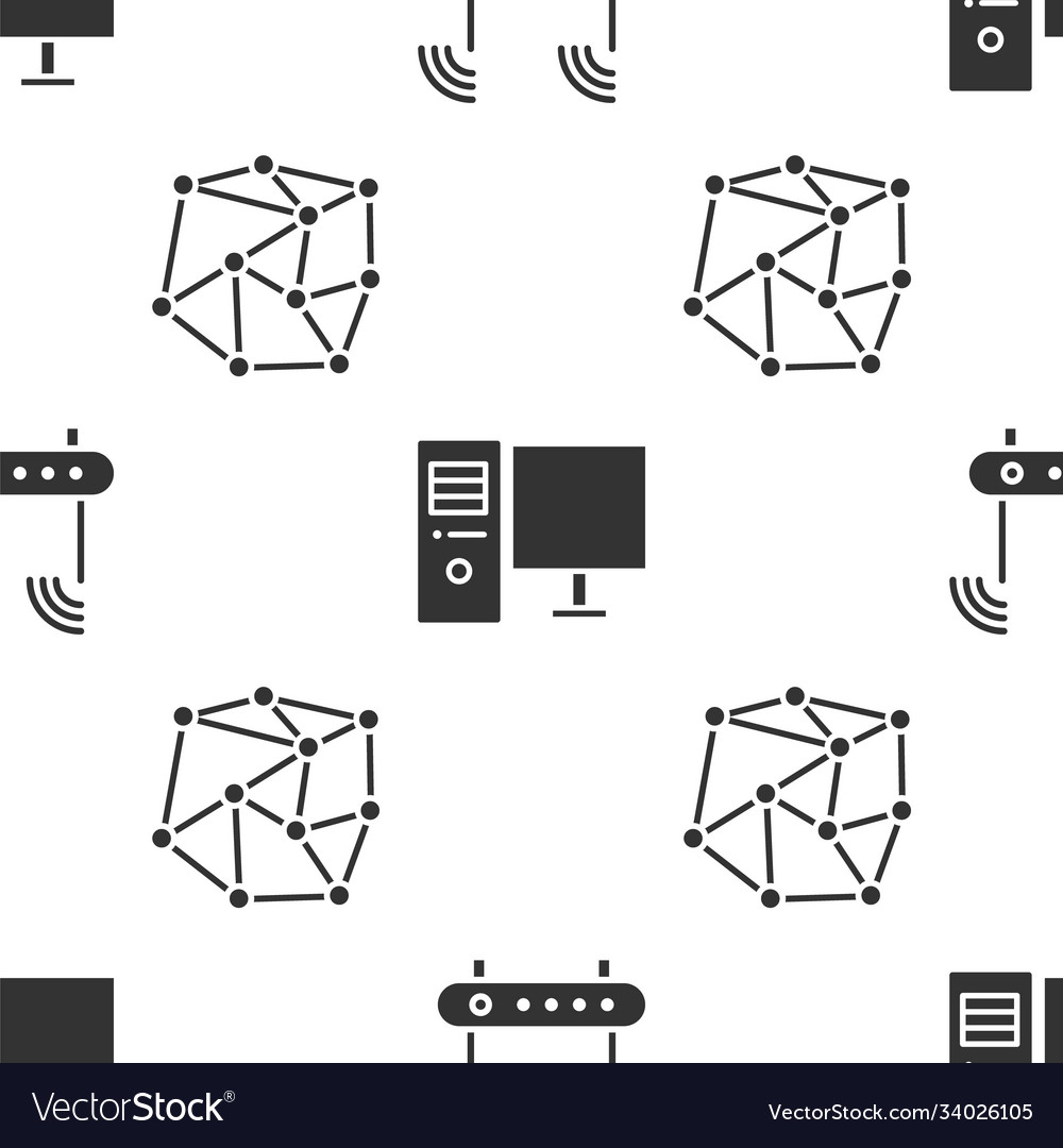 Set router and wi-fi signal computer monitor vector image Set router and wi-fi signal computer monitor