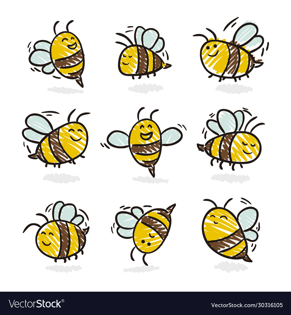 Variety cute bee set Royalty Free Vector Image