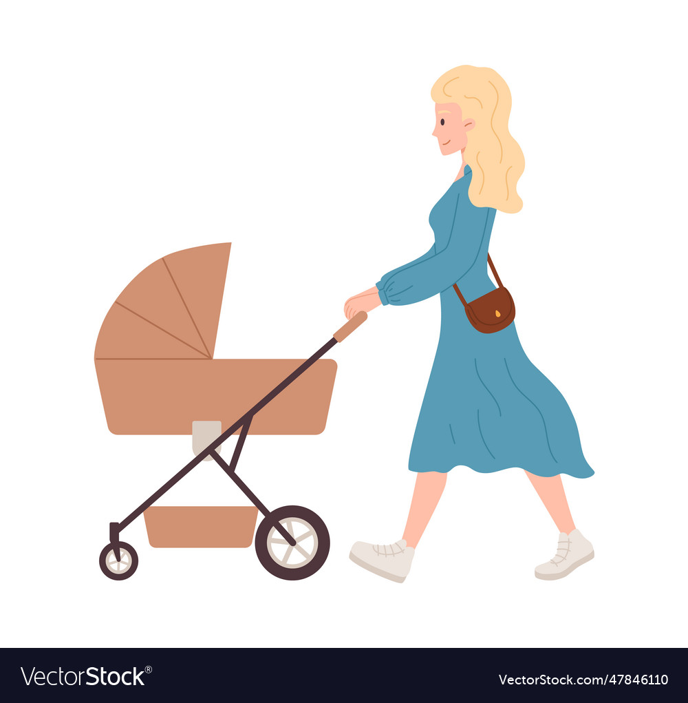 Smiling blonde woman in dress walking with baby