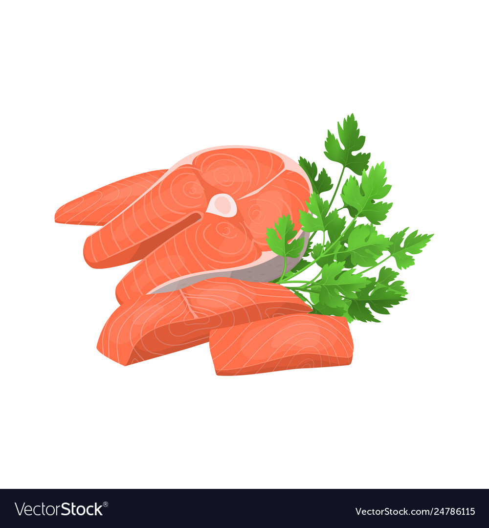 Cartoon steak and pieces salmon and green raw Vector Image