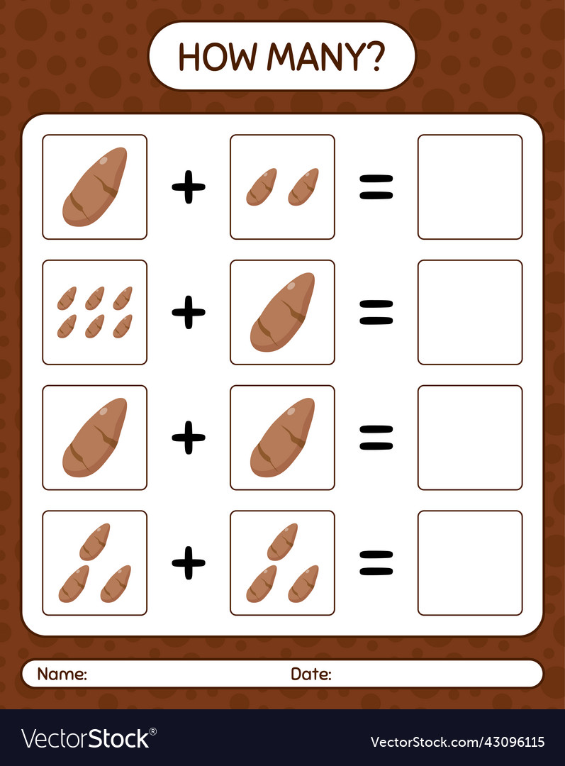 How many counting game with yam root worksheet Vector Image How many counting game with yam root worksheet