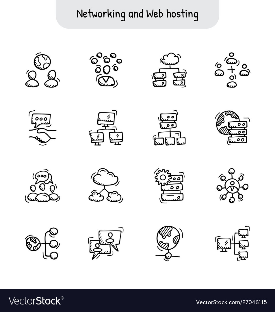 Networking and web hosting hand drawn icons vector image Networking and web hosting hand drawn icons