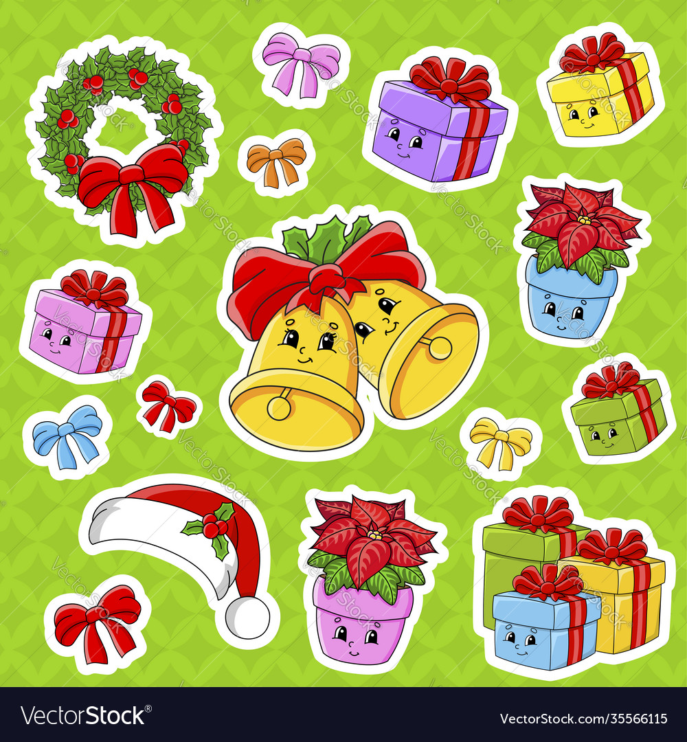 Set stickers with cute cartoon characters vector image Set stickers with cute cartoon characters