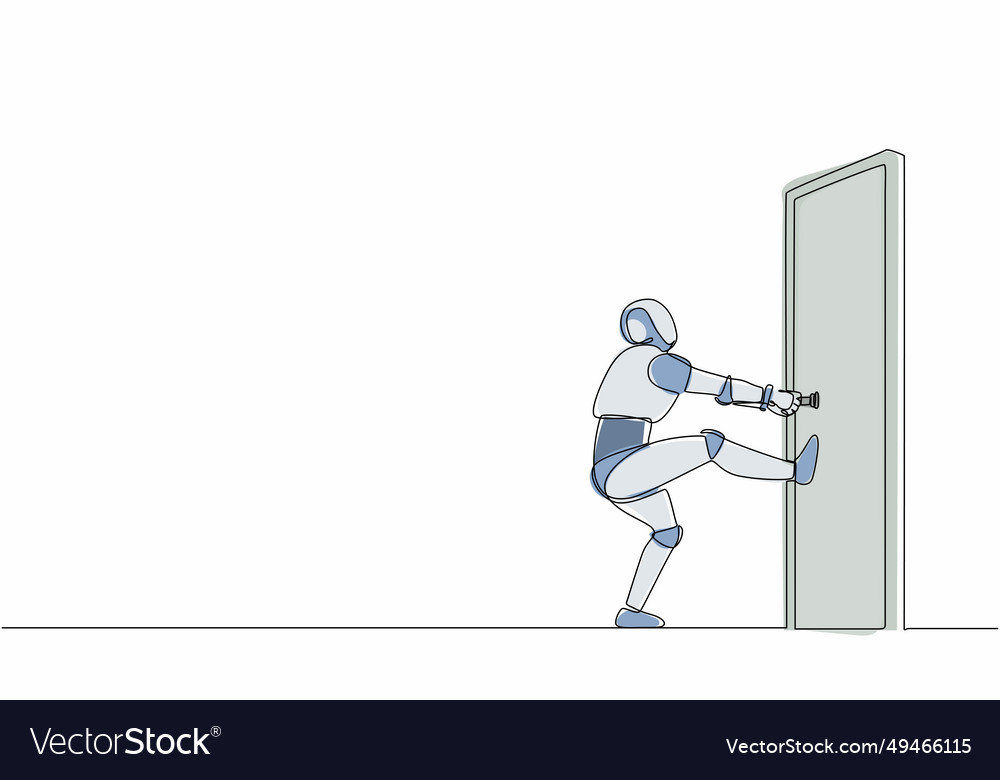 Single one line drawing robot pulling closed door Vector Image