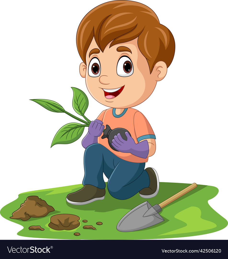 Cute little boy planting a plant Royalty Free Vector Image