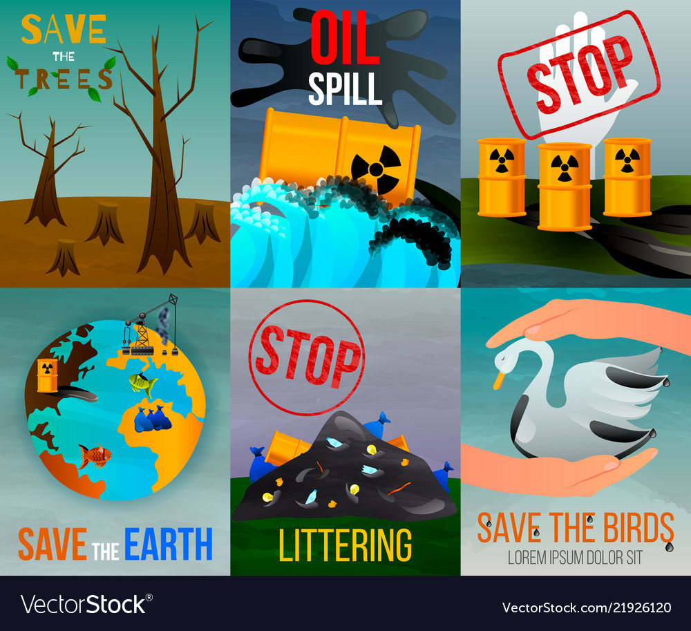 Ecological problems flat cards Royalty Free Vector Image